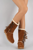 Liliana Suede Fur Trim Medallion Fringe Mid Calf Flat Boots