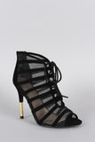 Qupid Mesh Lace Up Peep Toe Stiletto Heel