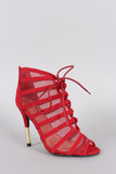 Qupid Mesh Lace Up Peep Toe Stiletto Heel