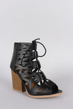 Qupid Lace Up Cutout Peep Toe Chunky Heel