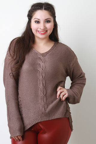 Side Shredded Cable Knit Long Sleeves Sweater Top