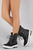 Faux Fur Cuff Lace Up Quilted Nylon Boots