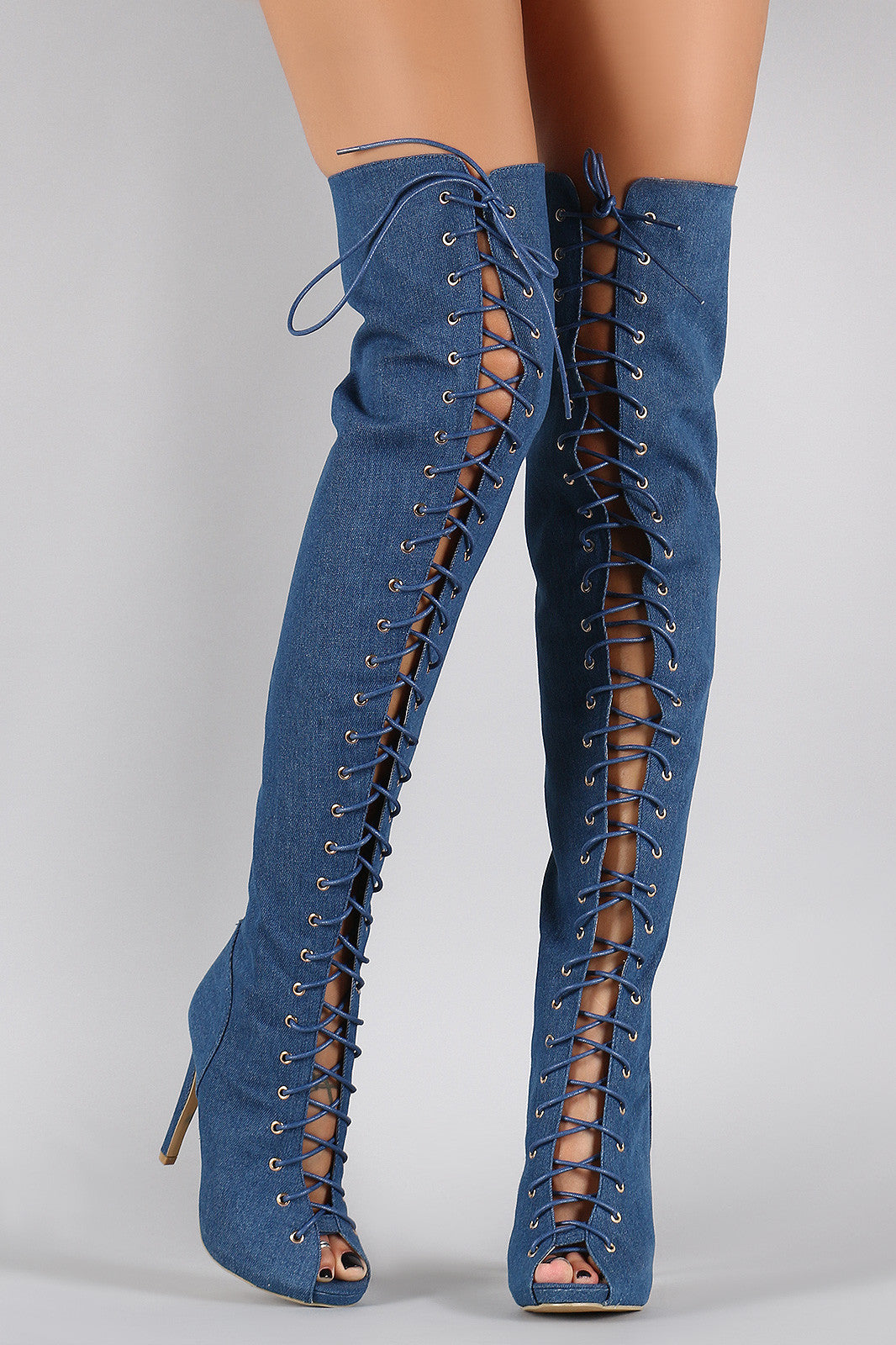Denim Corset Lace Up Peep Toe Stiletto Over The Knee Boots Chanty s Boutique