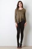 Suede Slanted Fringe Long Sleeve Crop Top