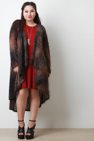 Two Tone Fuzzy Drape Open Front Longline Cardigan