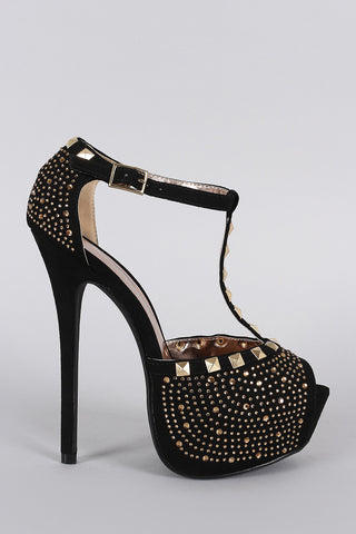 Jenni Rivera Studded Rhinestone T-Strap Stiletto Platform Heel