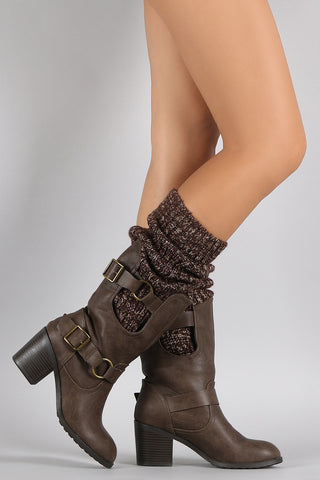 Wild Diva Lounge Sweater Shaft Buckled Knee High Boots