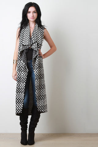 Belted Two-Tone Chevron Draped Longline Vest