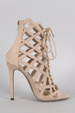 Liliana Suede Caged Intricate Laser-Cut Lace Up Heel