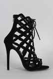 Liliana Suede Caged Intricate Laser-Cut Lace Up Heel