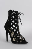 Liliana Suede Caged Intricate Laser-Cut Lace Up Heel