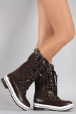 Quilted Faux Fur Cuff Lace Up Mid Calf Snow Boots