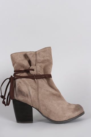 Qupid Suede Lace Tie Chunky Heeled Ankle Boots