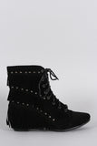 Suede Studded Fringe Lace Up Hidden Wedge Booties