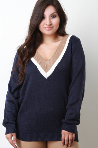 Tri-Tone V-Neck Student Sweater Top