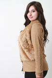 Fur And Ribbed Knit Zip-Up Jacket