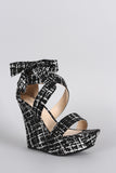 Bamboo Abstract Print Side Bow Crisscross Open Toe Platform Wedge