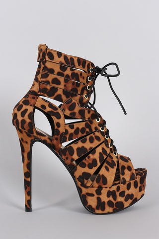 Anne Michelle Leopard Caged Lace Up Platform Heel