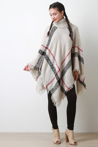 Linear Pattern Textured Knit Turtleneck Poncho