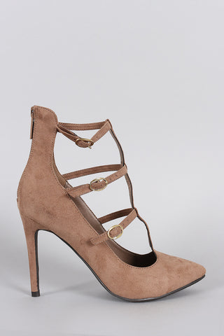 Breckelle Suede Buckled Caged Pointy Toe Stiletto Pump