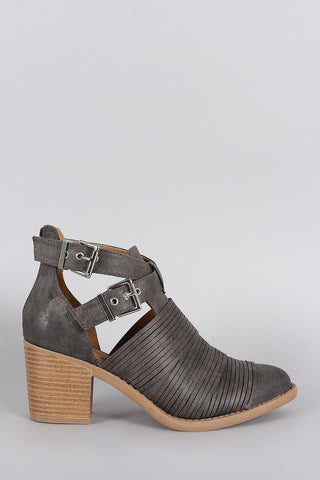 Qupid Slashed Crisscross Buckled Strap Chunky Heeled Ankle Boots