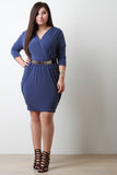 Belted Surplice Quarter Sleeves Ruched Bodycon Dress