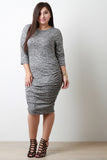 Marled Knit Ruched Quarter Sleeves Bodycon Midi Dress