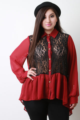 Floral Lace Panels Chiffon Button Up Top