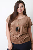 Feather Necklace Ruched Batwing Suede Top