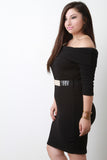 Plate Belt Off Shoulder Ribbed Knit Dress