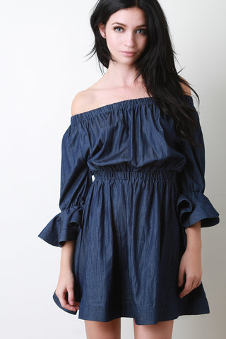 Chambray Off Shoulder Flounce Sleeve Dress