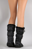 Puffy Nylon Fur Drawstring Snow Mid Calf Flat Boots