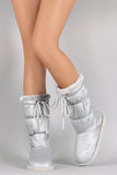 Puffy Nylon Fur Drawstring Snow Mid Calf Flat Boots