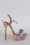 Anne Michelle Rhinestone Mixed Print Ankle Strap Platform Heel