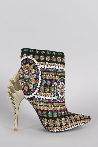 Privileged Sequin Pointy Toe Sculpted Heel Booties