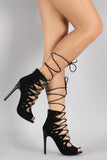 Qupid Nubuck Corset Lace Up Peep Toe Heel