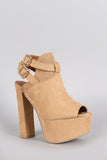 Qupid Suede Peep Toe Buckled Slingback Mule Heel