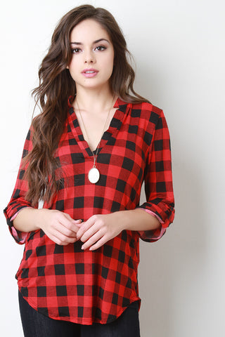 Plaid Pattern Split V-Neck Long Roll Sleeves Top