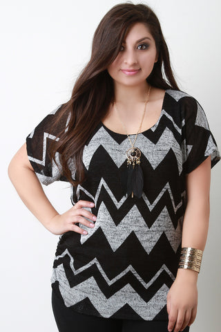 Zig Zag Knitted Necklace Short Sleeves Top